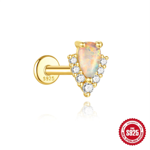 Wholesale S925 Sterling Silver Water Drop Opal Moonstone Inlaid With Zirconium Flat Head Threaded Piercing Ear Bone Nail Earrings Electroplated For Women Geometric