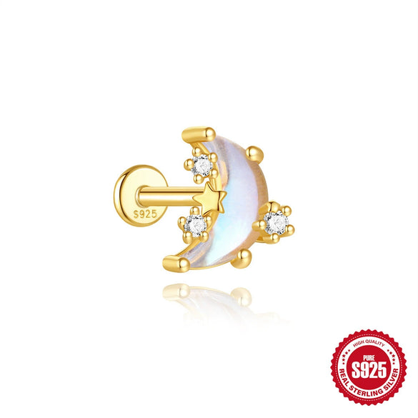 Wholesale S925 Sterling Silver Water Drop Opal Moonstone Inlaid With Zirconium Flat Head Threaded Piercing Ear Bone Nail Earrings Electroplated For Women Geometric