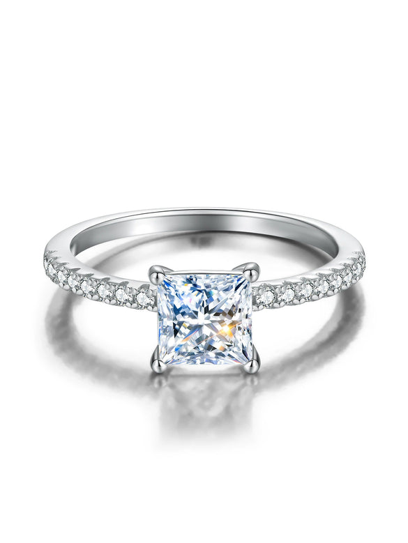 Wholesale S925 Sterling Silver Women's Ring With Micro Inlaid Moissanite Four Claw Setting Square Shape Geometric Design Electroplating Finish