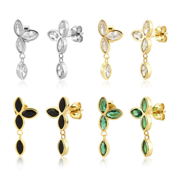 Wholesale S925 Sterling Silver Zircon Hanging Chain Earring With Plant Flower Design And Platinum Or 18K Gold Electroplating
