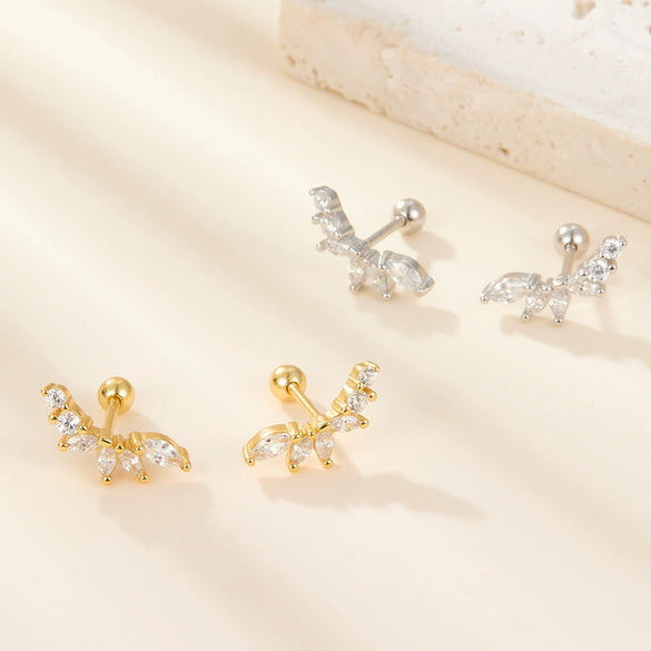 Wholesale S925 Sterling Silver Zircon Leaf Petal Niche Design Screw Ear Bone Nail Earrings With Flower Pattern