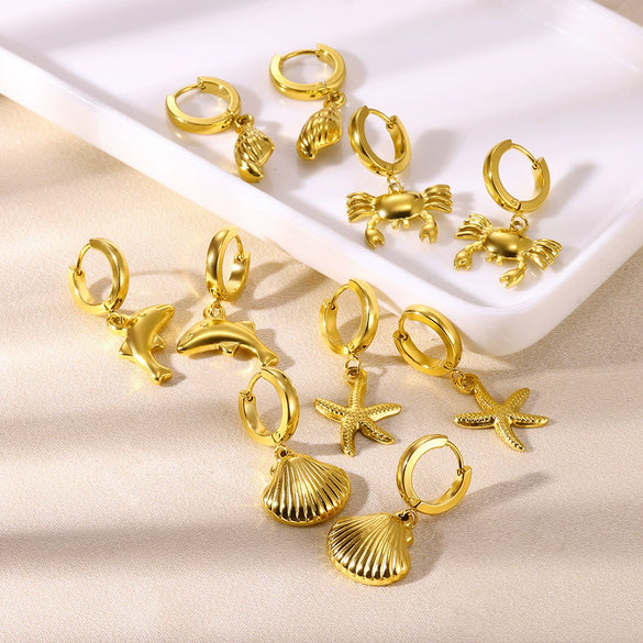 Wholesale Seaside Beach Wind Marine Life Series Stainless Steel Earrings With Starfish Conch Dolphin Seahorse Octopus Geometric Design Electroplated