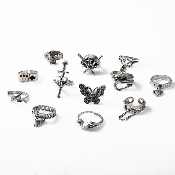 Wholesale Set Ring Punk Style Snakeshaped Butterfly Animal Combination Alloy Electroplated 12Piece Set