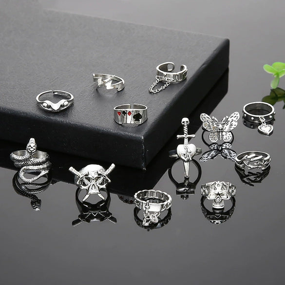 Wholesale Set Ring Punk Style Snakeshaped Butterfly Animal Combination Alloy Electroplated 12Piece Set