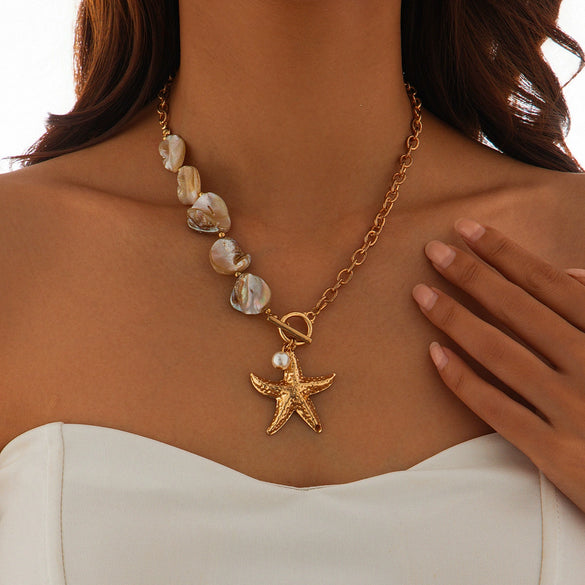 Wholesale Shell Alloy Imitation Pearls Geometric Handmade Women's Niche Natural Starfish Mermaid Casual Clavicle Necklace
