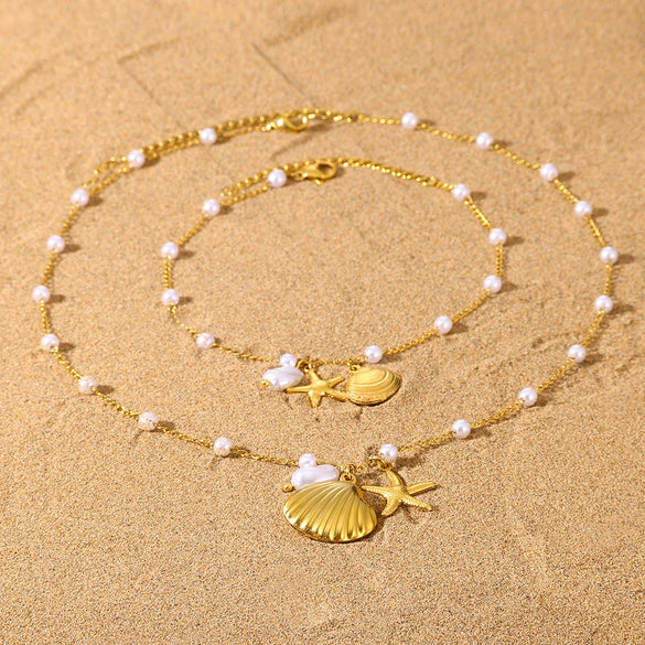 Wholesale Shell And Starfish Jewelry Set Stainless Steel Imitation Pearls Marine Life Natural Geometric Electroplating For Women