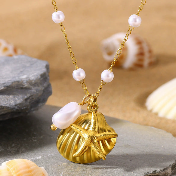Wholesale Shell And Starfish Jewelry Set Stainless Steel Imitation Pearls Marine Life Natural Geometric Electroplating For Women