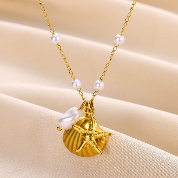 Wholesale Shell And Starfish Jewelry Set Stainless Steel Imitation Pearls Marine Life Natural Geometric Electroplating For Women