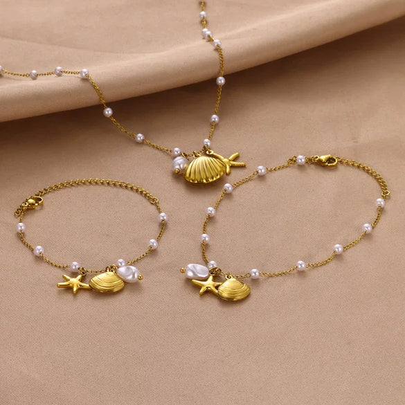 Wholesale Shell And Starfish Jewelry Set Stainless Steel Imitation Pearls Marine Life Natural Geometric Electroplating For Women