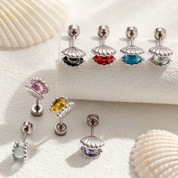 Wholesale Shell Pattern Titanium Steel Electroplated Double Head Screw Ear Bone Nail Cochlear Earrings For Women