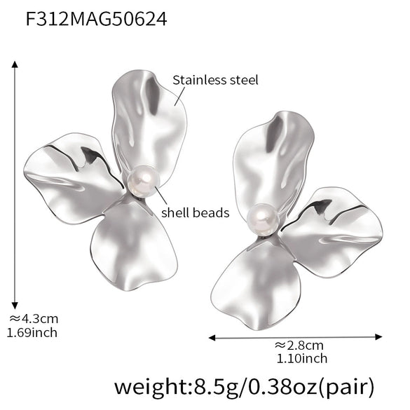 Wholesale Shell Pearl Pleated Petal Geometric Earrings Stainless Steel Electroplated Unique Design For Women