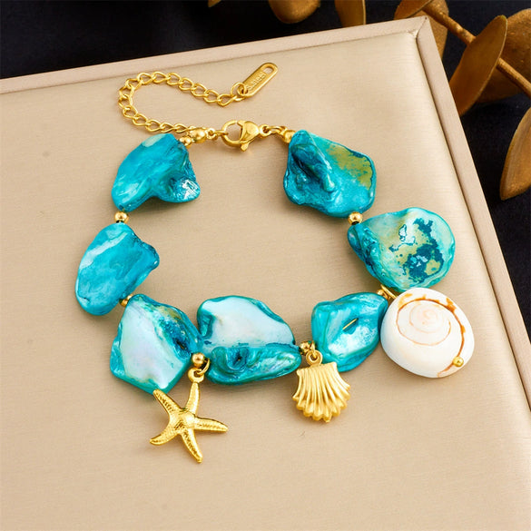 Wholesale Shell Pearl Stainless Steel Jewelry Marine Life Electroplated Women's Pendant Earrings Necklace Bracelet Set