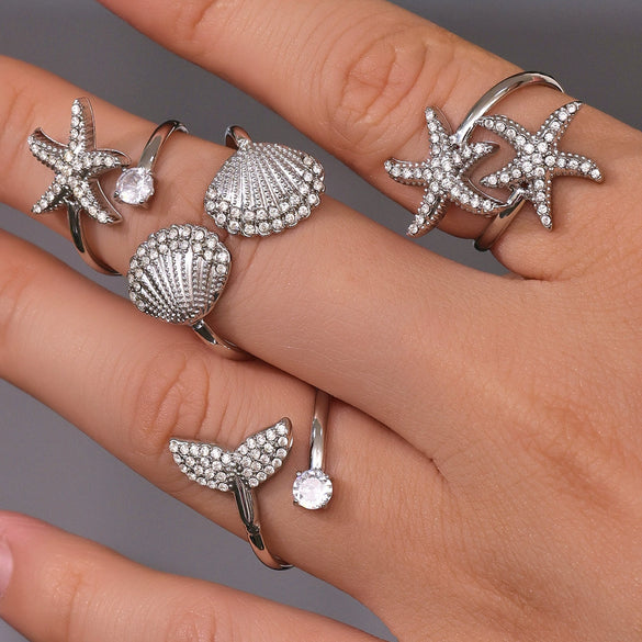 Wholesale Shellshaped 316L Stainless Steel Ring With Star And Geometric Pattern Electroplated For Women