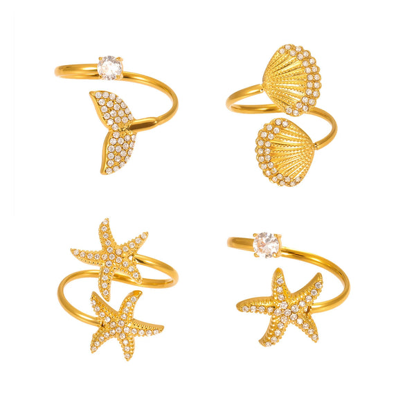 Wholesale Shellshaped 316L Stainless Steel Ring With Star And Geometric Pattern Electroplated For Women