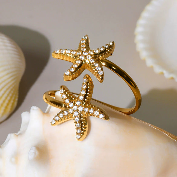 Wholesale Shellshaped 316L Stainless Steel Ring With Star And Geometric Pattern Electroplated For Women