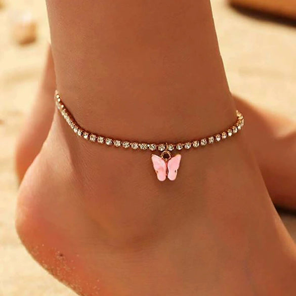Wholesale Shiny Rhinestone Alloy Butterfly Pendant Anklet For Women Creative Simple Style