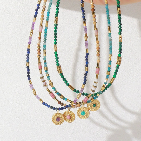 Wholesale Short Clavicle Chain Retro Style Malachite And Titanium Steel Geometric Beaded Handmade Women's Necklace