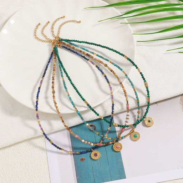 Wholesale Short Clavicle Chain Retro Style Malachite And Titanium Steel Geometric Beaded Handmade Women's Necklace