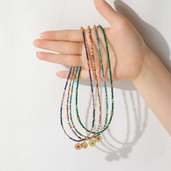 Wholesale Short Clavicle Chain Retro Style Malachite And Titanium Steel Geometric Beaded Handmade Women's Necklace