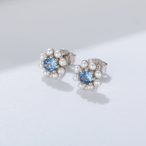 Wholesale Silver Blue Zircon Pearl Flower Design Electroplated Women's Earrings