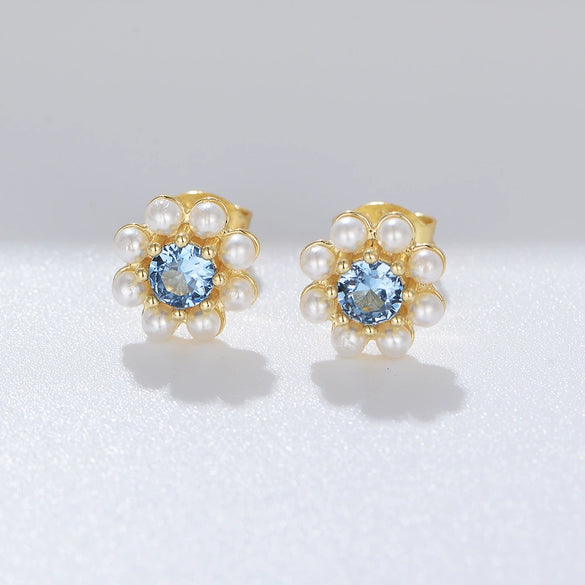 Wholesale Silver Blue Zircon Pearl Flower Design Electroplated Women's Earrings
