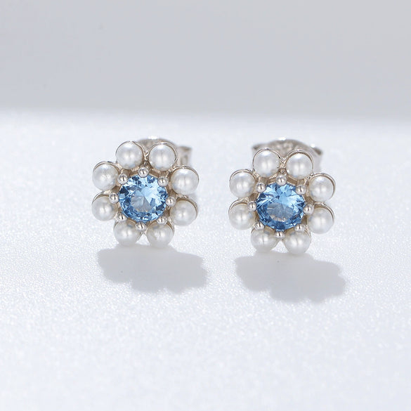 Wholesale Silver Blue Zircon Pearl Flower Design Electroplated Women's Earrings