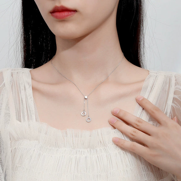 Wholesale 925 Silver Double Circle Pendant Necklace Women's Diamondinlaid Geometric Design Cross Chain