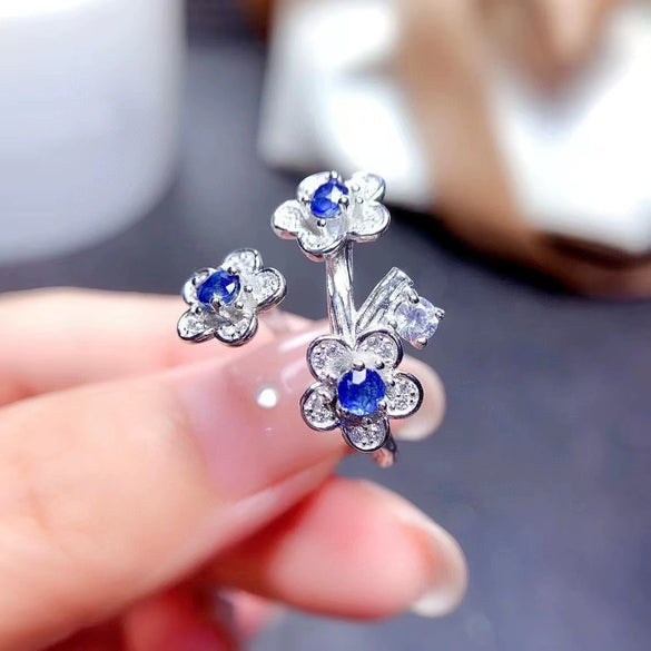 Wholesale 925 Silver Electroplated Fairy Style Flower Pattern Ring Inlaid With Natural Sapphire For Women