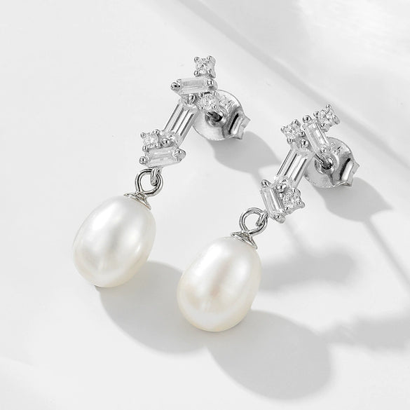 Wholesale Silver French Retro Freshwater Pearl Inlaid Geometric Square Pendant Earrings For Women