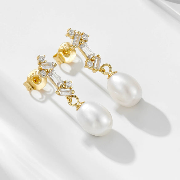 Wholesale Silver French Retro Freshwater Pearl Inlaid Geometric Square Pendant Earrings For Women