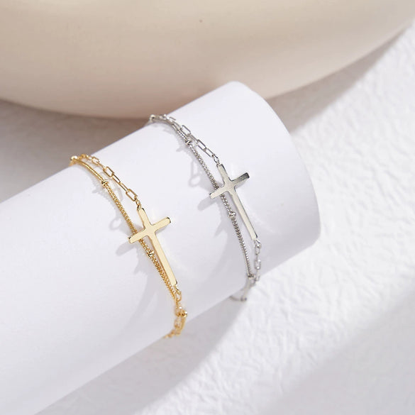 Wholesale Silver Geometric Double Layer Cross Bracelet Electroplated Light Luxury Jewelry For Women