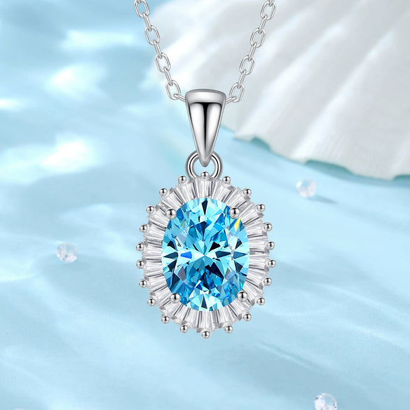 Wholesale Silver Geometric Oval Sea Blue Gemstone Pendant Necklace For Women