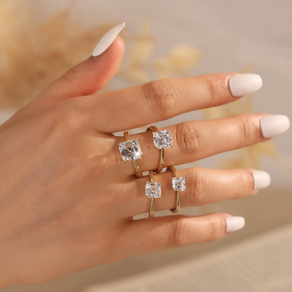 Wholesale Silver Jewelry Geometric Sugar Cube Ring Electroplated Inlaid Cubic Zirconia
