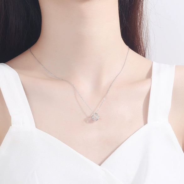 Wholesale Silver Jewelry Geometric Threedimensional Hollow Rubik's Cube Pendant Necklace With Electroplating Treatment