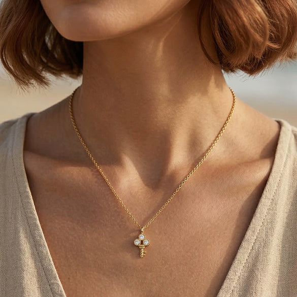 Wholesale 925 Silver 14K Gold Plated Geometric Cross Chain Necklace With Four Leaf Clover And Small Key Pendant For Women