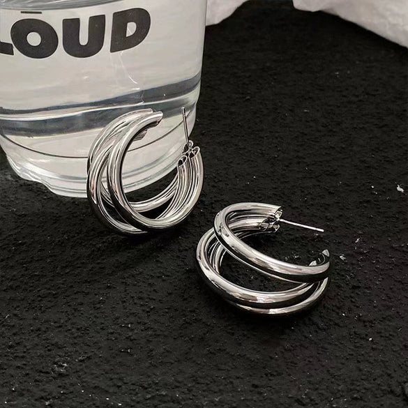 Wholesale Silver Metal Multi Layer Geometric Circle Cold Wind Electroplated Earrings For Women Light Luxury High End Style