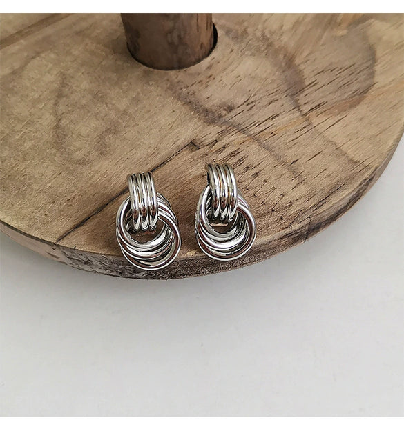 Wholesale Silver Metal Multi Layer Geometric Circle Cold Wind Electroplated Earrings For Women Light Luxury High End Style