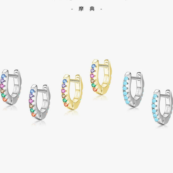 Wholesale 925 Silver Mini Sweet Cute Women's Earrings With Color Zircon And Turquoise Micro Inlay Geometric Design