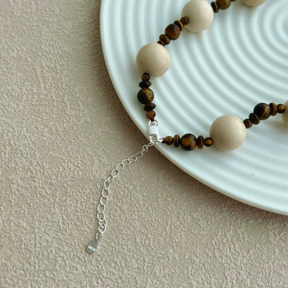 Wholesale Silver Necklace Retro Style Geometric Beaded Natural Tiger Eye Stone Jewelry For Women