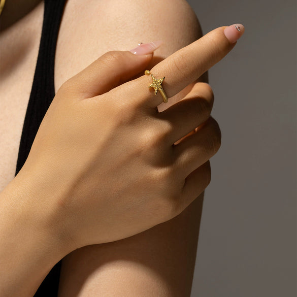 Wholesale Silver Starfish Ring Electroplated Platinum 18K Gold Adjustable Geometric Design For Women