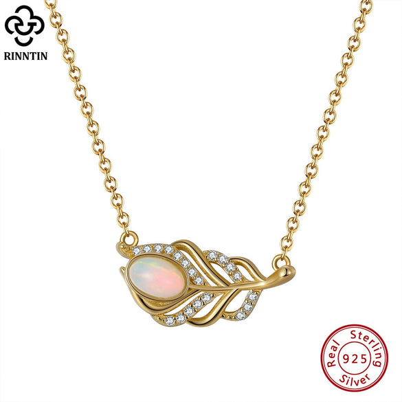 Wholesale Silver 925 Sterling Necklace With Natural Opal Stone 14K Gold Plated Feather And Diamondembedded Hollow Geometric Style Jewelry