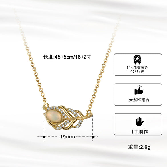 Wholesale Silver 925 Sterling Necklace With Natural Opal Stone 14K Gold Plated Feather And Diamondembedded Hollow Geometric Style Jewelry