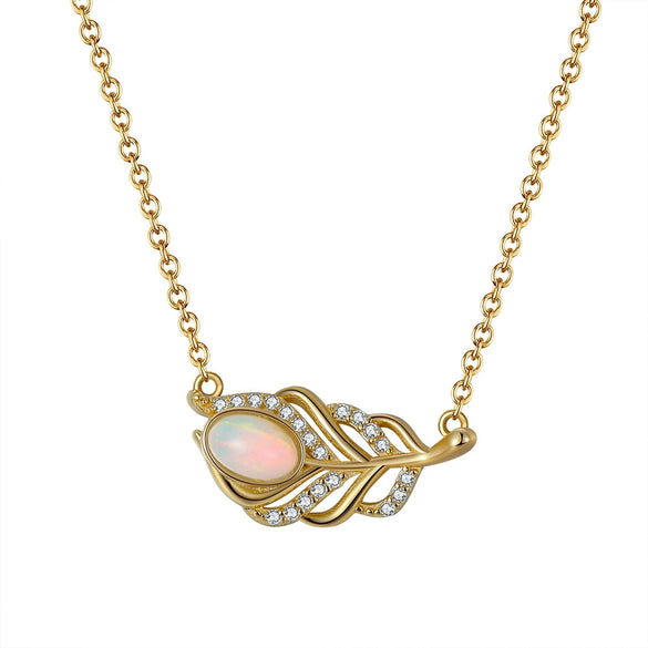 Wholesale Silver 925 Sterling Necklace With Natural Opal Stone 14K Gold Plated Feather And Diamondembedded Hollow Geometric Style Jewelry