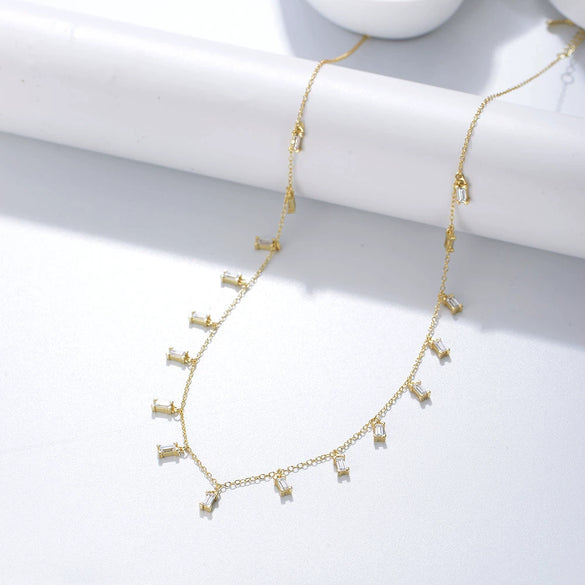 Wholesale Silver Tassel Square Zircon Pendant Necklace Women's Geometric Diamondencrusted Chain