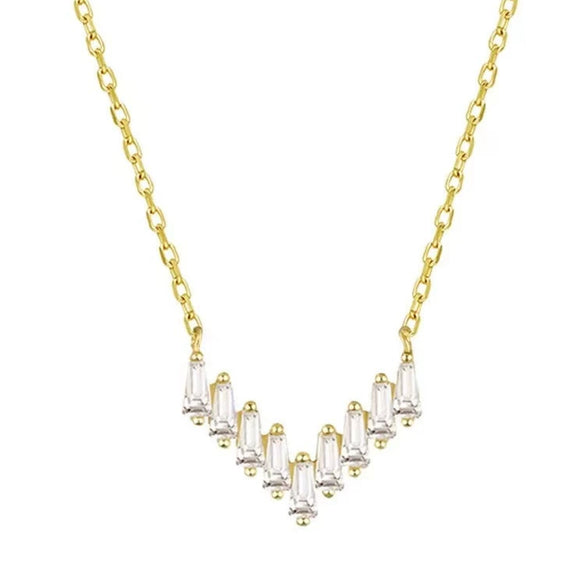 Wholesale 225 Silver Vshaped Women's Light Luxury Necklace With Small Skirt Pendant Inlaid With Square Zircon And Plated With 14K Gold And Chain With Letters Numbers Text Pattern