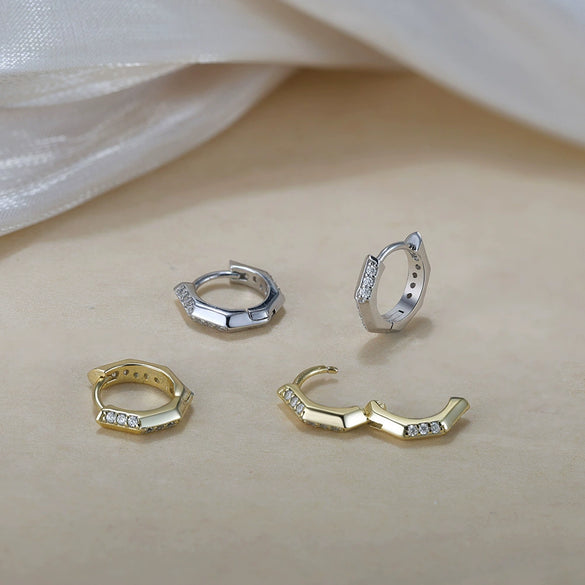 Wholesale Silver Women's Polygonal Geometric Single Circle Hoop Small Earrings With Zircon Inlay Electroplated