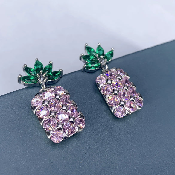 Wholesale Silver Zircon Fruit Pineapple Earrings Electroplated For Women Natural Style
