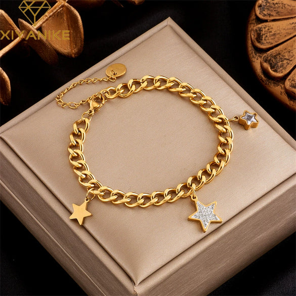 Wholesale Simple All Match Retro Diamond Five Pointed Star Titanium Steel Thick Chain Bracelet With Electroplating Geometric Design