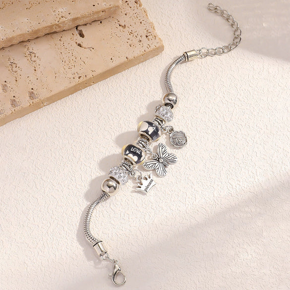 Wholesale Simple Animal Zodiac Electroplated Alloy Beaded Bracelet With Crown Pendant For Women