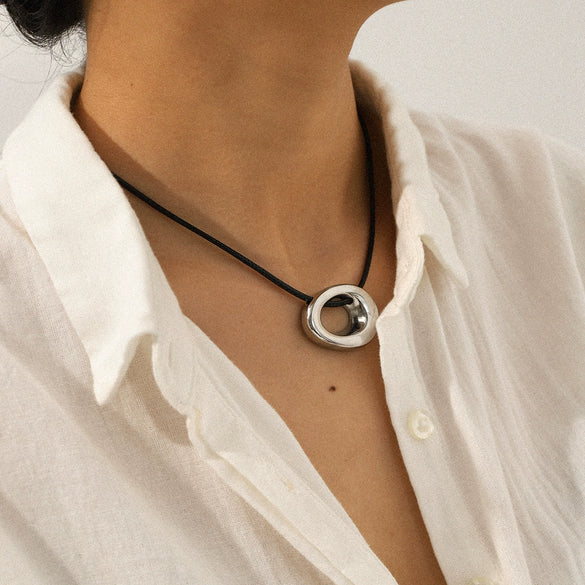 Wholesale Simple Asymmetrical Cut Out Geometric Stainless Steel Pendant Necklace With Wax Rope Chain Hand Polished For Women